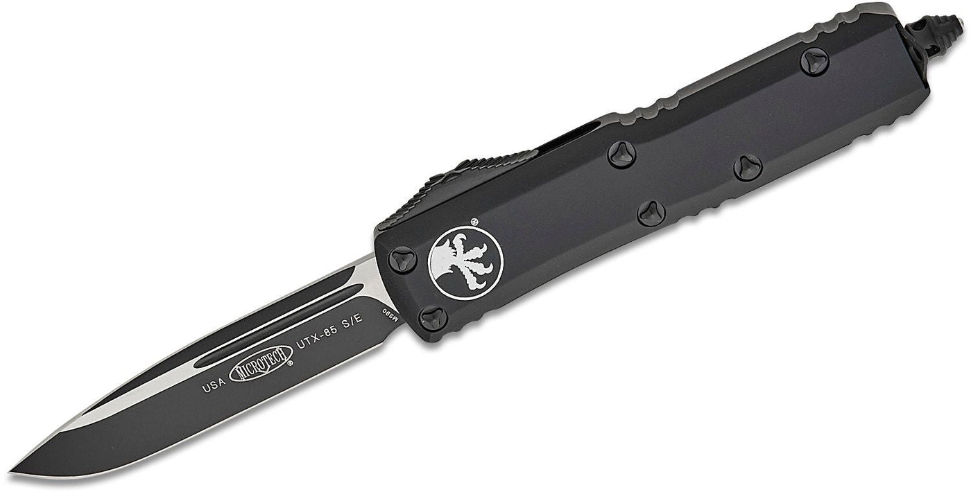 Microtech 231 - 1T UTX - 85 Tactical AUTO OTF Knife 3" Black Drop Point Plain Blade, Black Aluminum Handles - timberknives.com