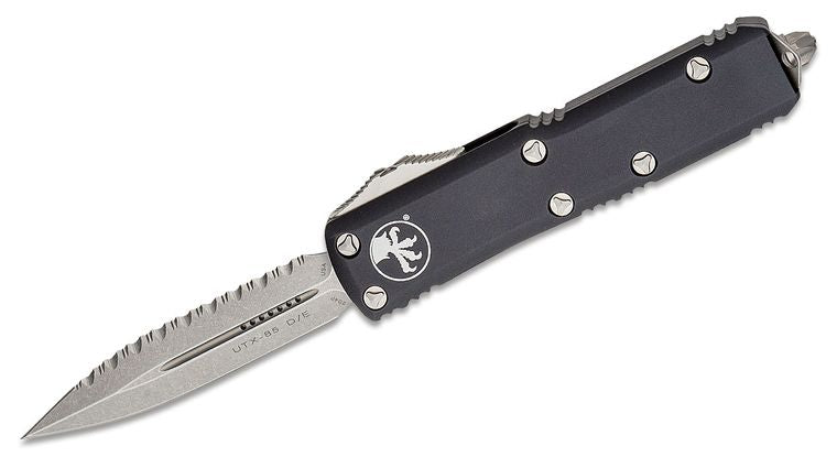 Microtech 232 - 12 UTX - 85 AUTO OTF 3" Stonewashed Plain/Serrated Double Edge Blade, Black Aluminum Handles - timberknives.com