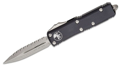 Microtech 232 - 12 UTX - 85 AUTO OTF 3" Stonewashed Plain/Serrated Double Edge Blade, Black Aluminum Handles - timberknives.com