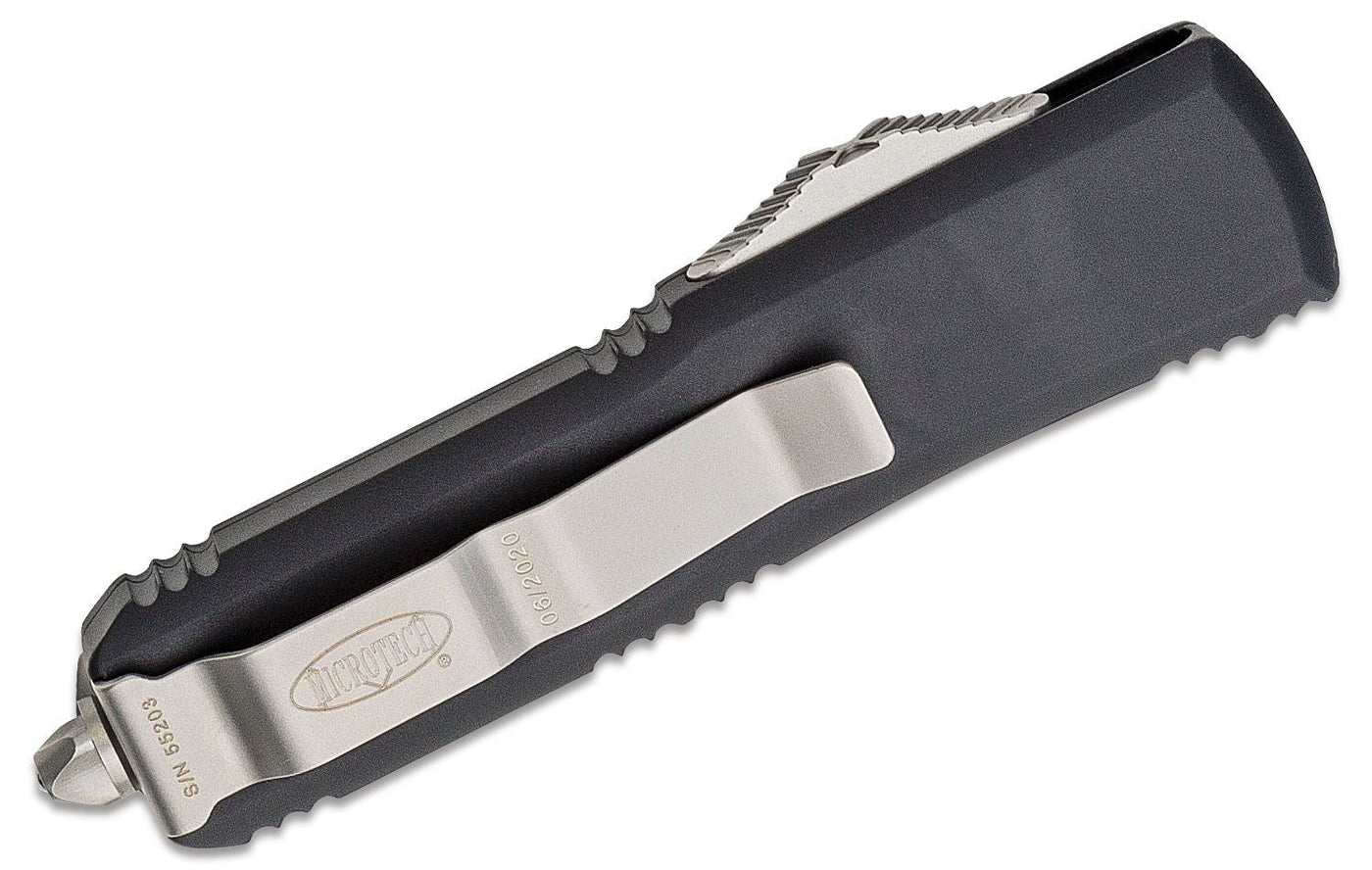 Microtech 232 - 12 UTX - 85 AUTO OTF 3" Stonewashed Plain/Serrated Double Edge Blade, Black Aluminum Handles - timberknives.com