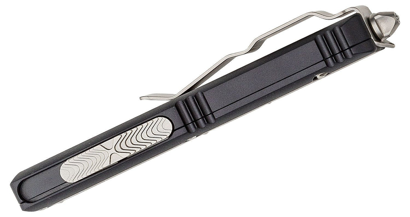 Microtech 232 - 12 UTX - 85 AUTO OTF 3" Stonewashed Plain/Serrated Double Edge Blade, Black Aluminum Handles - timberknives.com
