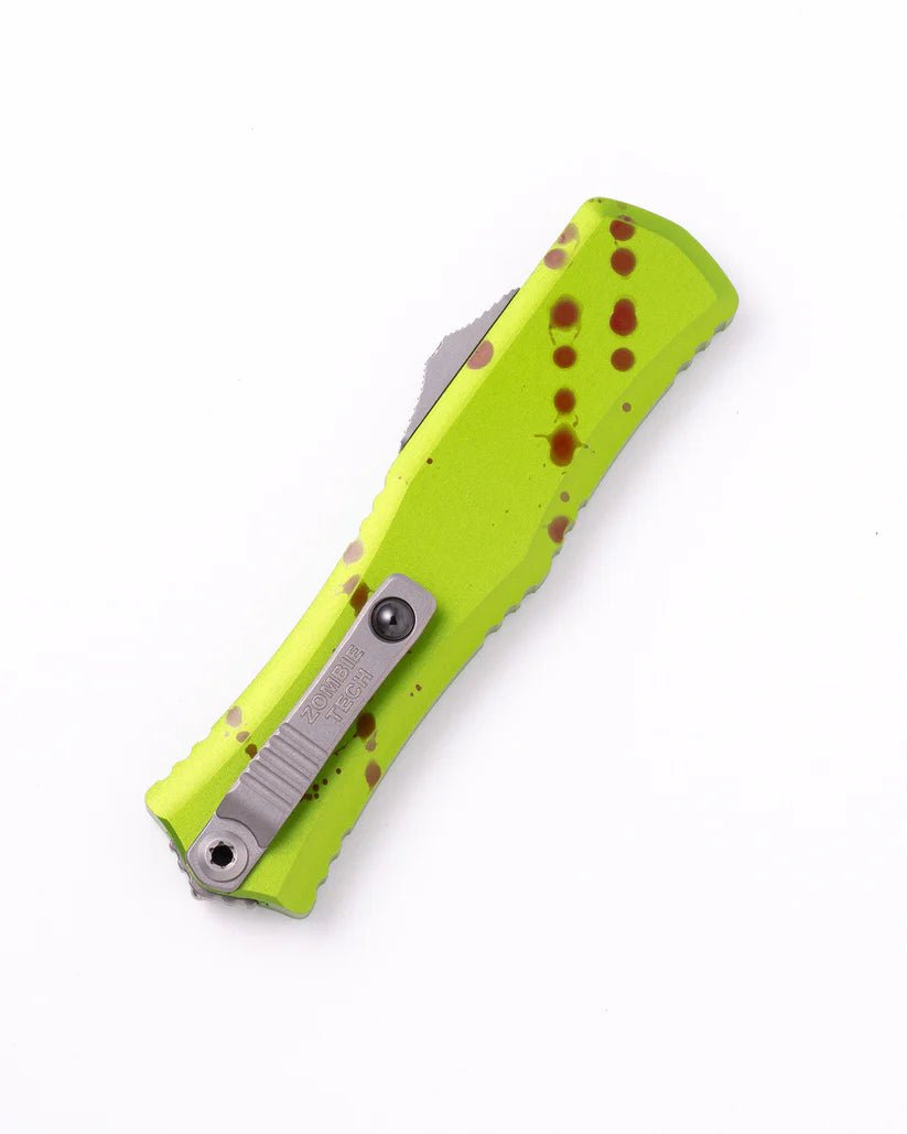 Microtech Hera® II Mini D/E Stonewash Standard Zombie (1702M - 10 walkers) OTF Automatic Knife - 3" M390MK Stonewashed Double - Edge Dagger Blade, Zombie Green Machined Aluminum Handles - timberknives.com