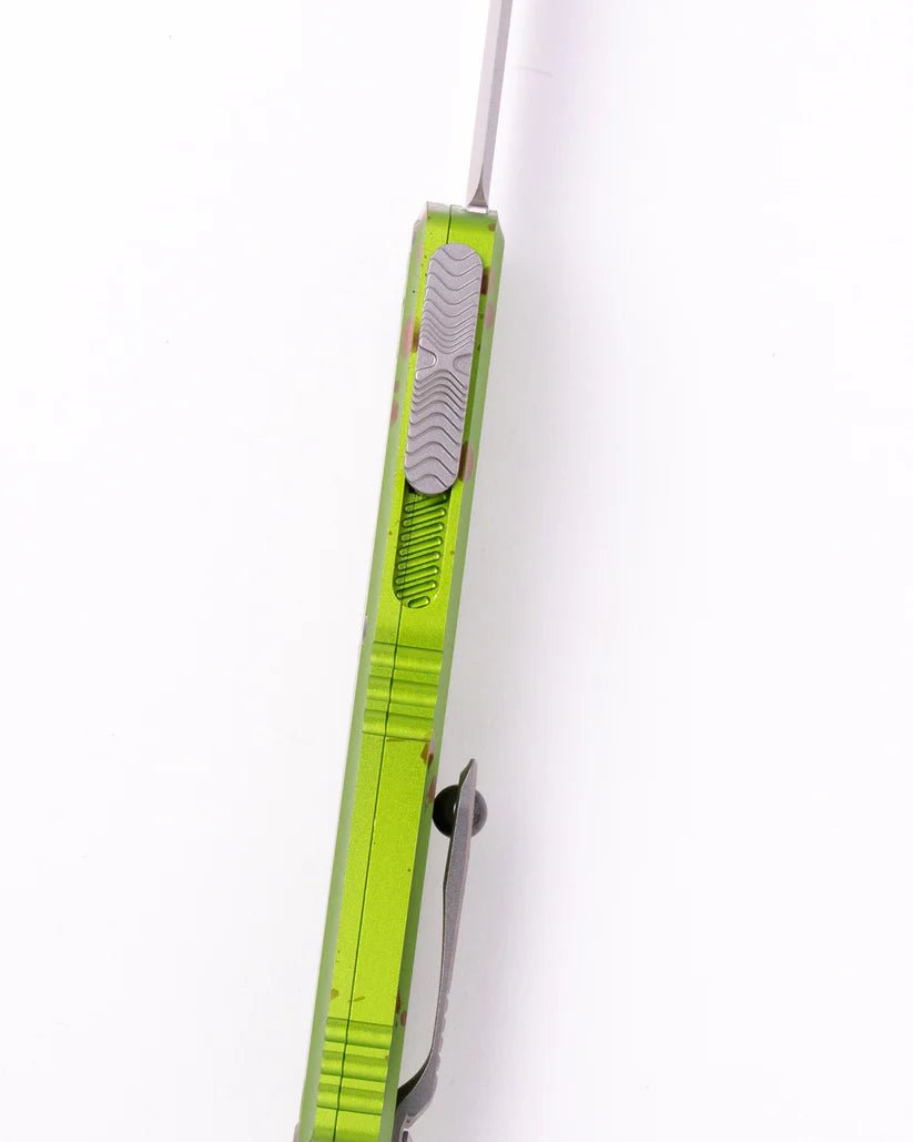 Microtech Hera® II Mini D/E Stonewash Standard Zombie (1702M - 10 walkers) OTF Automatic Knife - 3" M390MK Stonewashed Double - Edge Dagger Blade, Zombie Green Machined Aluminum Handles - timberknives.com