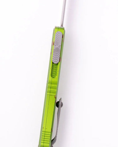 Microtech Hera® II Mini D/E Stonewash Standard Zombie (1702M - 10 walkers) OTF Automatic Knife - 3" M390MK Stonewashed Double - Edge Dagger Blade, Zombie Green Machined Aluminum Handles - timberknives.com