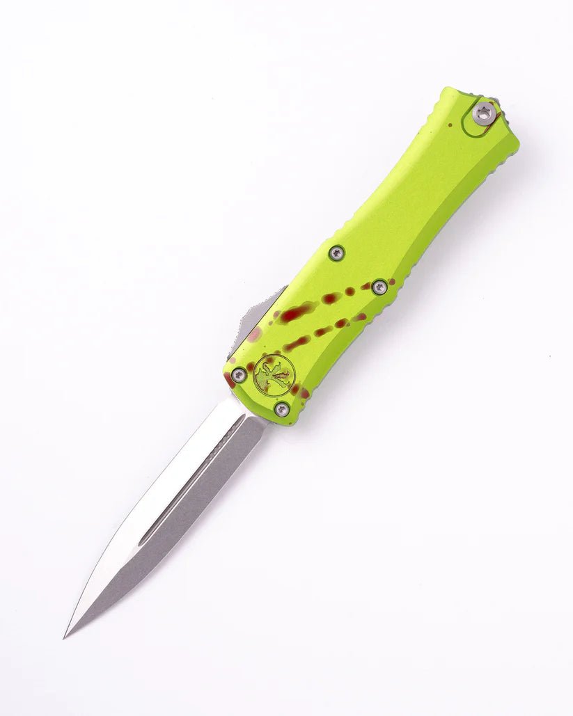 Microtech Hera® II Mini D/E Stonewash Standard Zombie (1702M - 10 walkers) OTF Automatic Knife - 3" M390MK Stonewashed Double - Edge Dagger Blade, Zombie Green Machined Aluminum Handles - timberknives.com