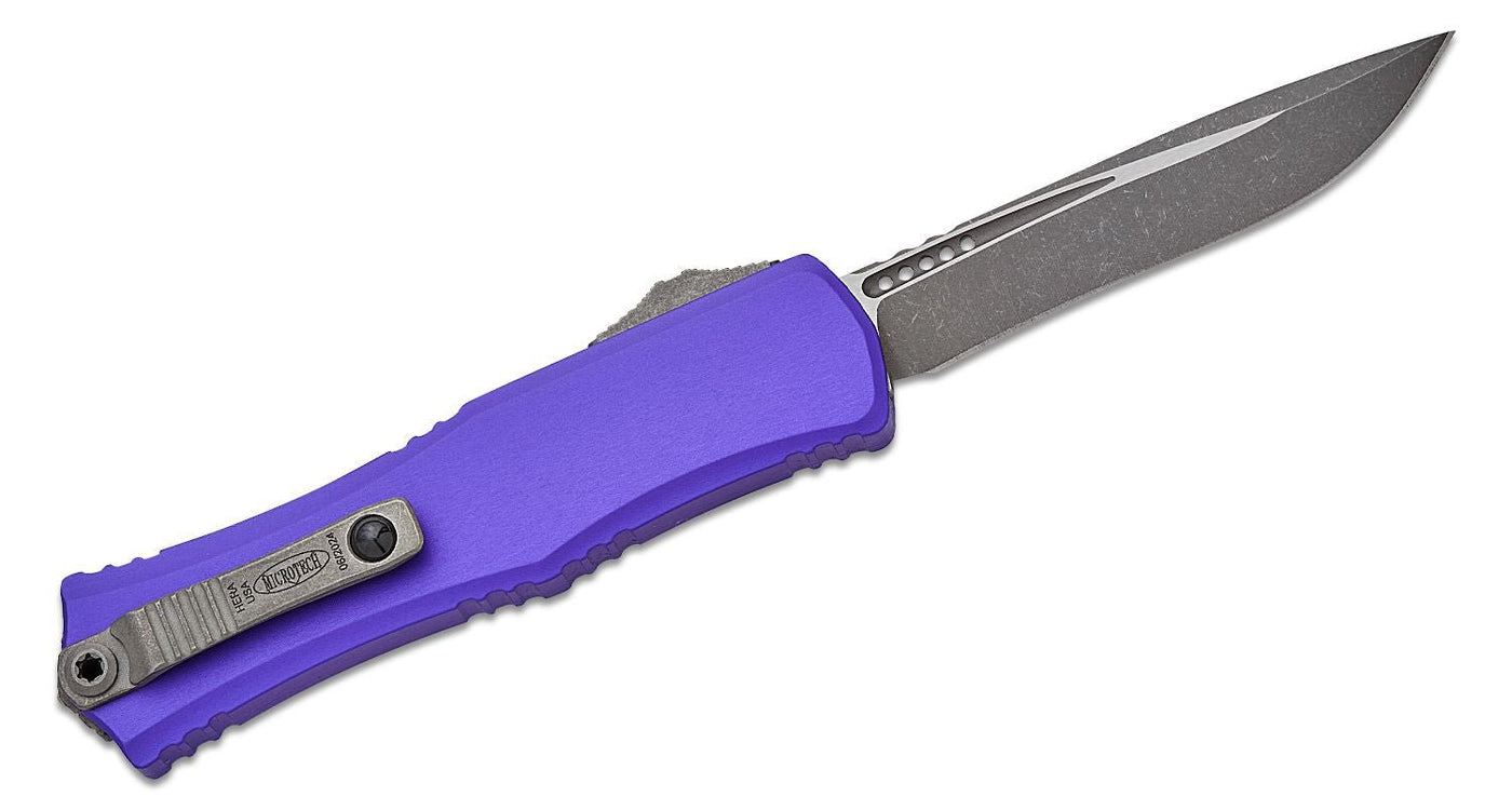 Microtech Hera II Mini OTF AUTO Knife 3" M390MK Apocalyptic Recurve Plain Blade, Purple Deep Engraved Aluminum Handles - 1705M - 10APPU - timberknives.com