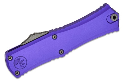 Microtech Hera II Mini OTF AUTO Knife 3" M390MK Apocalyptic Recurve Plain Blade, Purple Deep Engraved Aluminum Handles - 1705M - 10APPU - timberknives.com