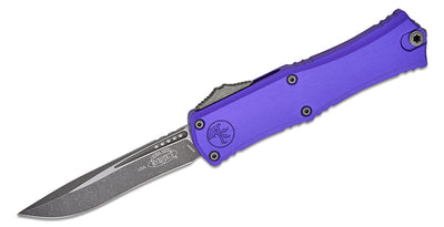 Microtech Hera II Mini OTF AUTO Knife 3" M390MK Apocalyptic Recurve Plain Blade, Purple Deep Engraved Aluminum Handles - 1705M - 10APPU - timberknives.com