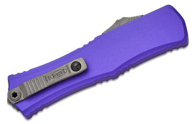 Microtech Hera II Mini OTF AUTO Knife 3" M390MK Apocalyptic Recurve Plain Blade, Purple Deep Engraved Aluminum Handles - 1705M - 10APPU - timberknives.com