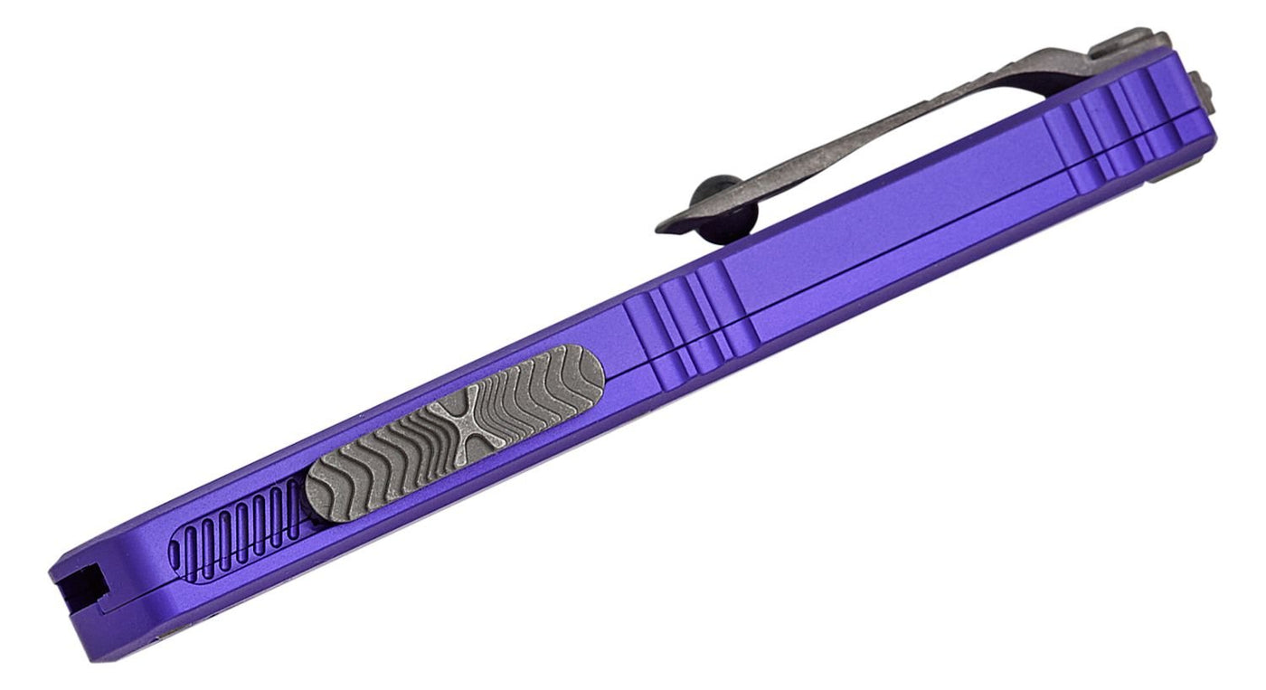 Microtech Hera II Mini OTF AUTO Knife 3" M390MK Apocalyptic Recurve Plain Blade, Purple Deep Engraved Aluminum Handles - 1705M - 10APPU - timberknives.com