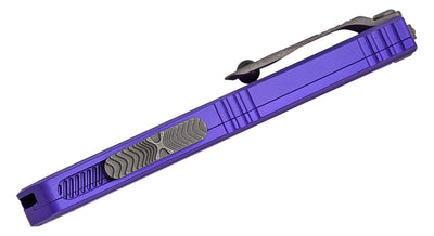 Microtech Hera II Mini OTF AUTO Knife 3" M390MK Apocalyptic Recurve Plain Blade, Purple Deep Engraved Aluminum Handles - 1705M - 10APPU - timberknives.com