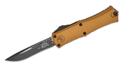 Microtech Hera II Mini OTF AUTO Knife 3" M390MK Black Recurve Plain Blade, Tan Deep Engraved Aluminum Handles - 1705M - 1TA - timberknives.com