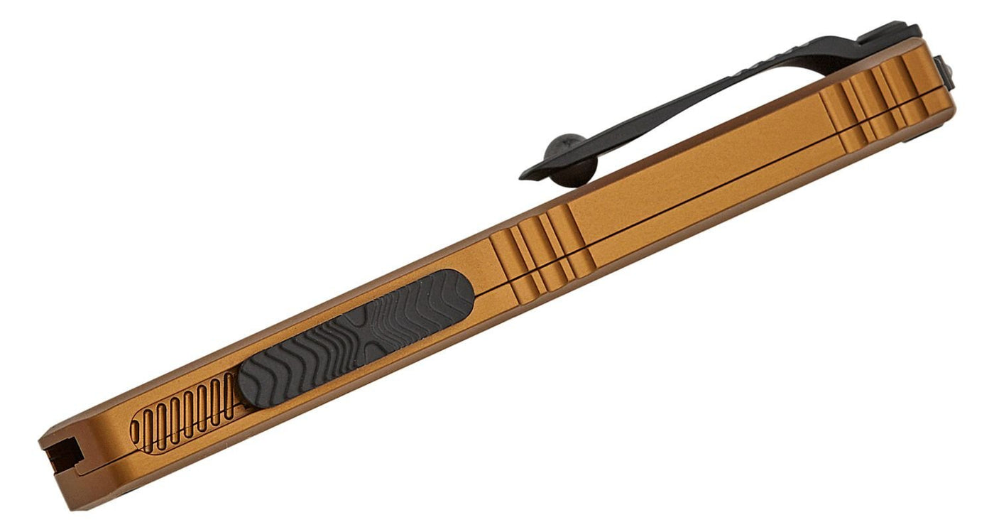 Microtech Hera II Mini OTF AUTO Knife 3" M390MK Black Recurve Plain Blade, Tan Deep Engraved Aluminum Handles - 1705M - 1TA - timberknives.com