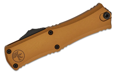 Microtech Hera II Mini OTF AUTO Knife 3" M390MK Black Recurve Plain Blade, Tan Deep Engraved Aluminum Handles - 1705M - 1TA - timberknives.com