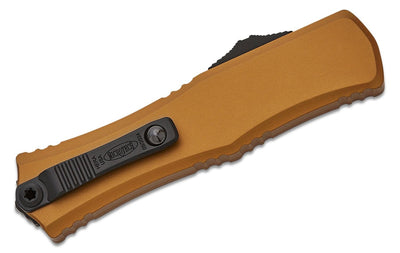 Microtech Hera II Mini OTF AUTO Knife 3" M390MK Black Recurve Plain Blade, Tan Deep Engraved Aluminum Handles - 1705M - 1TA - timberknives.com