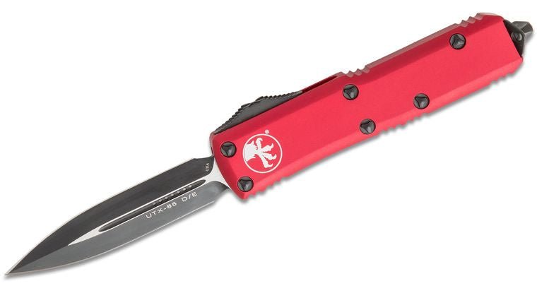 Microtech UTX - 85 232 - 1RD AUTO OTF Knife 3" Black Double Edge Dagger Blade, Red Aluminum Handles - timberknives.com