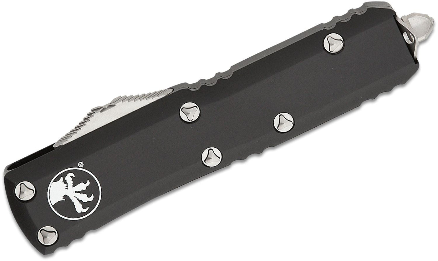Microtech UTX - 85 AUTO OTF Knife 3" Stonewashed Drop Point Plain Blade, Black Aluminum Handles - 231 - 10 - timberknives.com