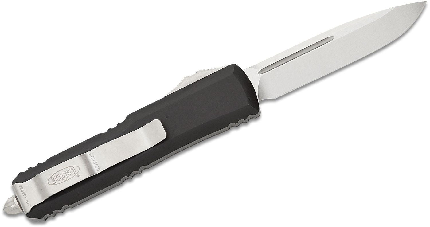 Microtech UTX - 85 AUTO OTF Knife 3" Stonewashed Drop Point Plain Blade, Black Aluminum Handles - 231 - 10 - timberknives.com
