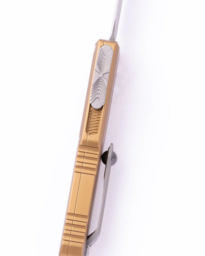Microtech UTX - 85 GEN IV OTF AUTO 3.1" M390MK Stonewash Double Edge Blade, Tan Aluminum Handles - timberknives.com