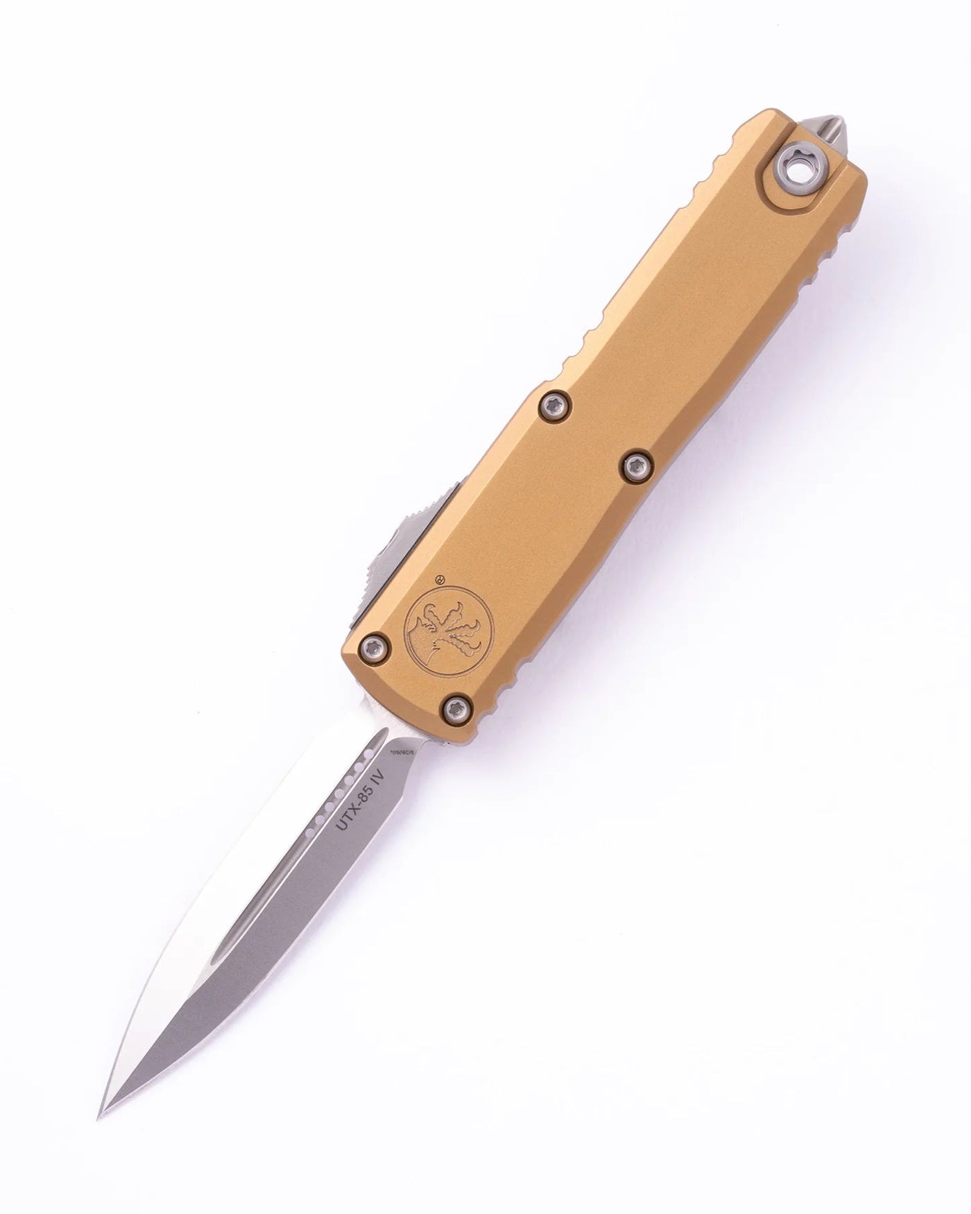 Microtech UTX - 85 GEN IV OTF AUTO 3.1" M390MK Stonewash Double Edge Blade, Tan Aluminum Handles - timberknives.com