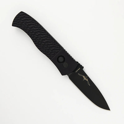 PRO - TECH KNIVES CQC7 AUTO EMERSON DESIGN E7A06 - LH - 20CV - LEFT HANDED, BLACK TEXTURED HANDLE, DLC BLACK SPEAR POINT 20CV BLADE - timberknives.com