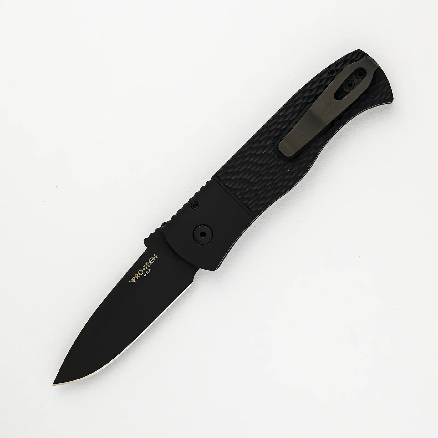 PRO - TECH KNIVES CQC7 AUTO EMERSON DESIGN E7A06 - LH - 20CV - LEFT HANDED, BLACK TEXTURED HANDLE, DLC BLACK SPEAR POINT 20CV BLADE - timberknives.com