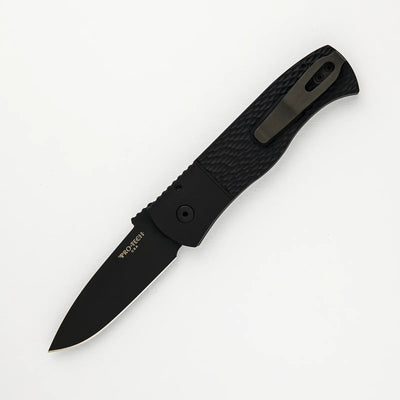 PRO - TECH KNIVES CQC7 AUTO EMERSON DESIGN E7A06 - LH - 20CV - LEFT HANDED, BLACK TEXTURED HANDLE, DLC BLACK SPEAR POINT 20CV BLADE - timberknives.com