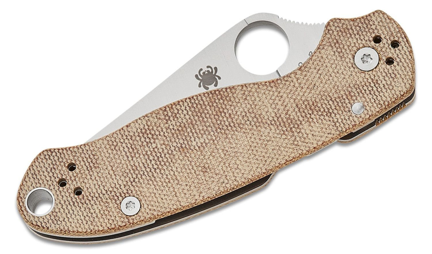 Spyderco Para 3 Compression Lock Folding Knife 2.95" CPM - CruWear Satin Plain Blade, Brown Canvas Micarta Handles (Paramilitary 3) - C223MPCW - timberknives.com