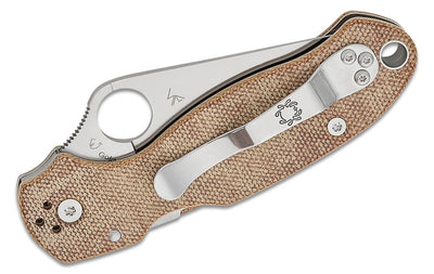 Spyderco Para 3 Compression Lock Folding Knife 2.95" CPM - CruWear Satin Plain Blade, Brown Canvas Micarta Handles (Paramilitary 3) - C223MPCW - timberknives.com