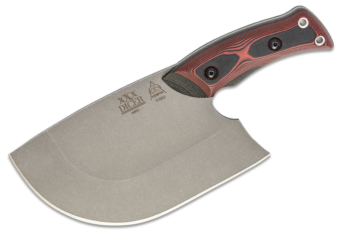 TOPS Knives XXX Dicer Fixed Blade Kitchen Knife - 440C Cleaver - Style Blade, Full Tang, Premium Multi - Purpose Culinary Tool with Red/Black G10 Handle - timberknives.com