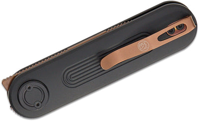 Vosteed Knives Corgi V 295 Vanchor Lock Front Flipper Knife 2.95" S35VN Copper Dune Drop Point Blade, Black Aluminum Handles - timberknives.com