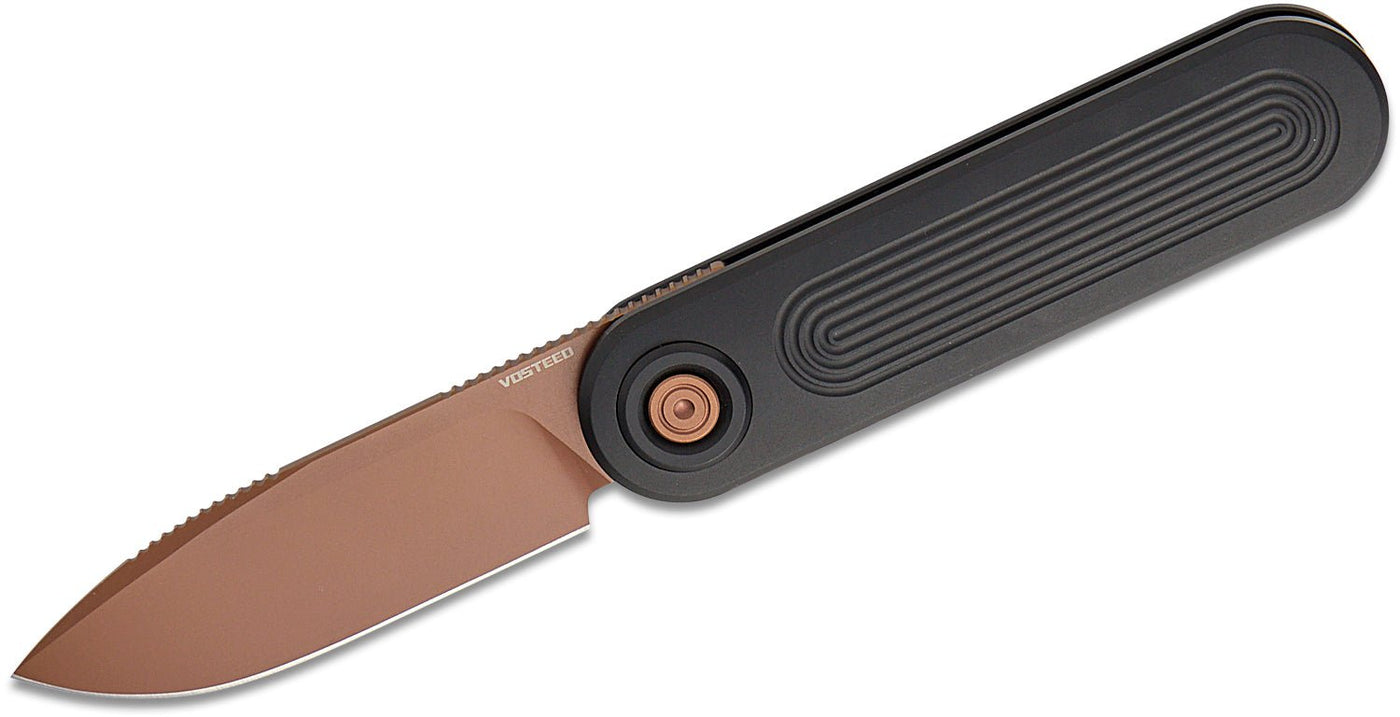 Vosteed Knives Corgi V 295 Vanchor Lock Front Flipper Knife 2.95" S35VN Copper Dune Drop Point Blade, Black Aluminum Handles - timberknives.com