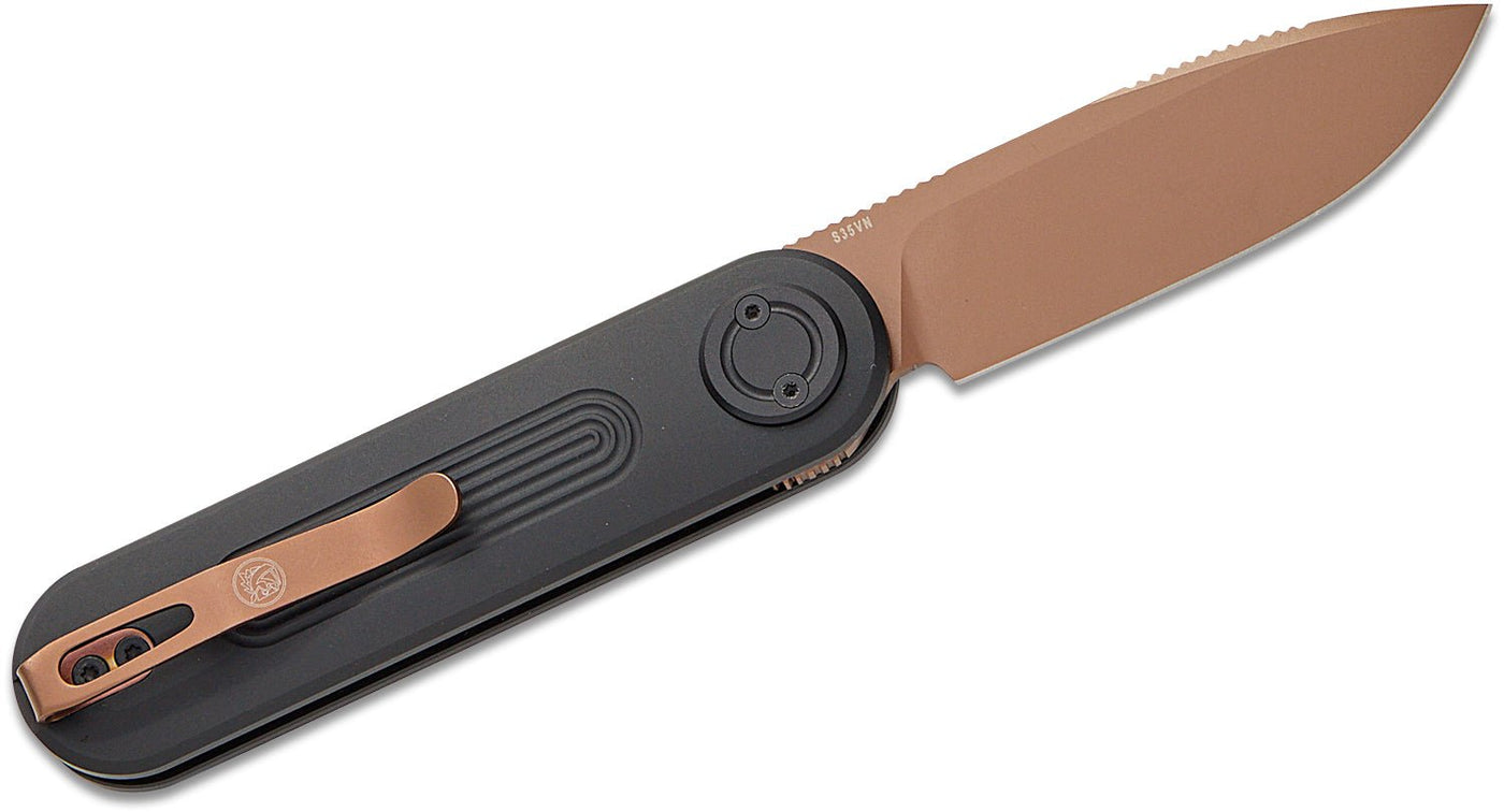 Vosteed Knives Corgi V 295 Vanchor Lock Front Flipper Knife 2.95" S35VN Copper Dune Drop Point Blade, Black Aluminum Handles - timberknives.com