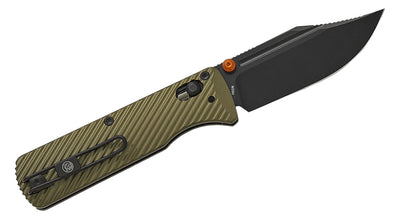 Vosteed Knives Vombat Crossbar Lock Folding Knife 2.92" M390 Black Stonewashed Bowie Blade, Olive Green Aluminum Handles - timberknives.com