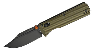Vosteed Knives Vombat Crossbar Lock Folding Knife 2.92" M390 Black Stonewashed Bowie Blade, Olive Green Aluminum Handles - timberknives.com