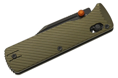 Vosteed Knives Vombat Crossbar Lock Folding Knife 2.92" M390 Black Stonewashed Bowie Blade, Olive Green Aluminum Handles - timberknives.com