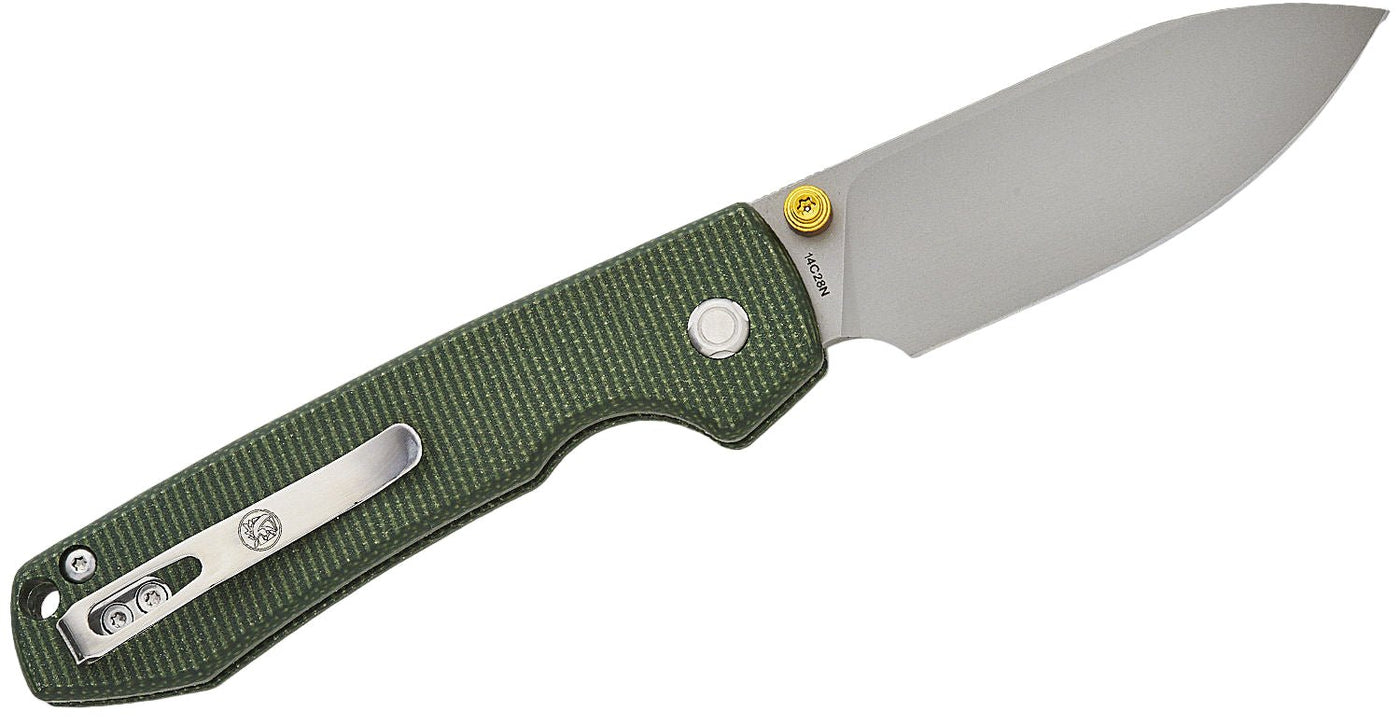Vosteed Raccoon Folding Knife 3.25" 14C28N Satin Drop Point, Green Micarta Handles - timberknives.com