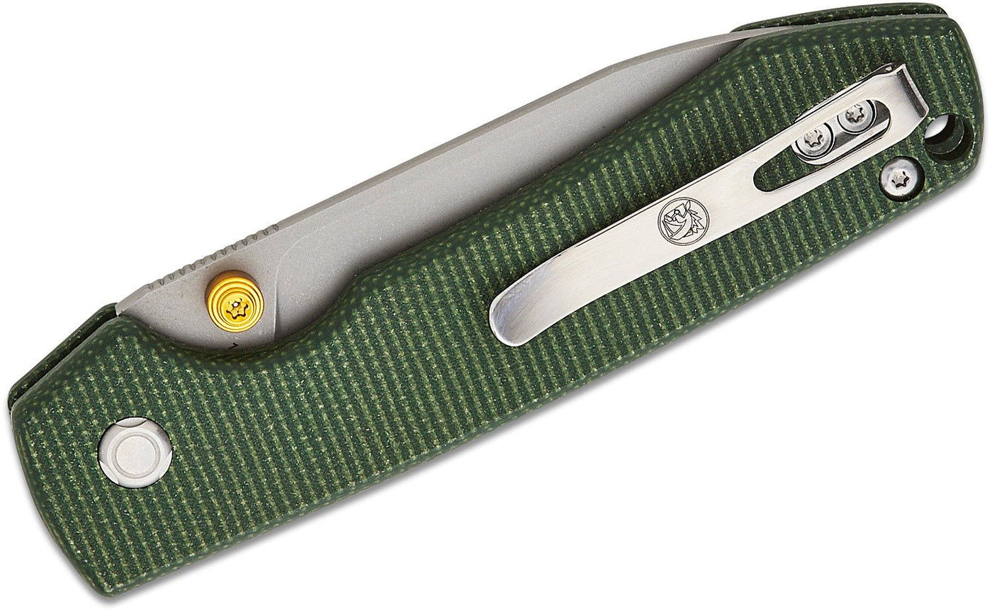 Vosteed Raccoon Folding Knife 3.25" 14C28N Satin Drop Point, Green Micarta Handles - timberknives.com