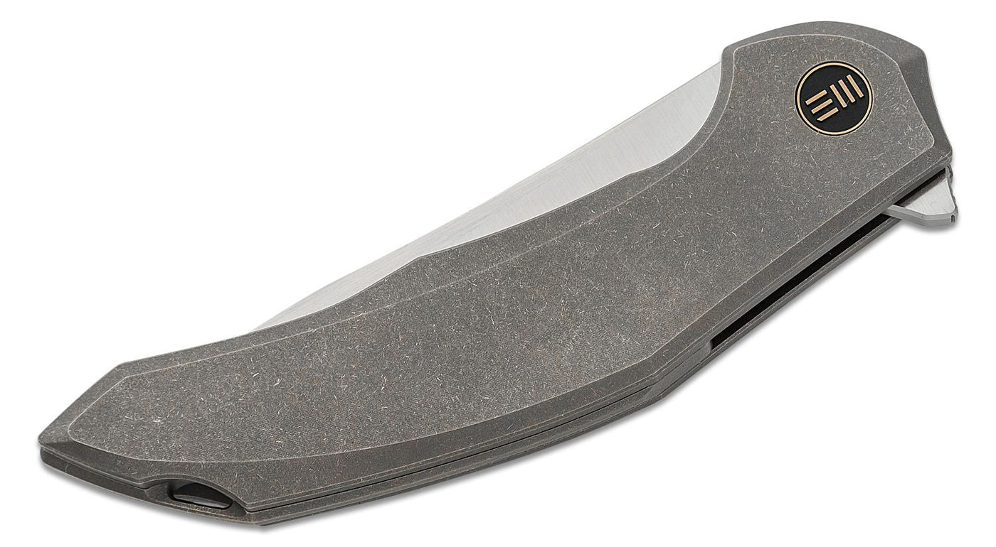 We Knife Company Limited Edition Anton Tkachenko Merata Flipper Knife 3.68" CPM - 20CV Hand Rubbed Trailing Point Blade, Gray Titanium Handles, Frame Lock - WE22008A - 2 - timberknives.com