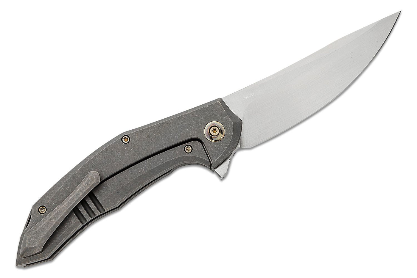 We Knife Company Limited Edition Anton Tkachenko Merata Flipper Knife 3.68" CPM - 20CV Hand Rubbed Trailing Point Blade, Gray Titanium Handles, Frame Lock - WE22008A - 2 - timberknives.com
