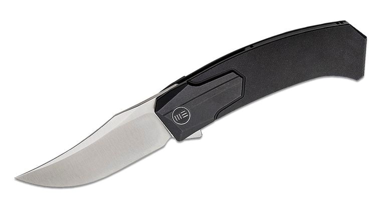 We Knife Rafal Brzeski Shuddan Flipper Knife 3.48" CPM - 20CV Satin Trailing Point Bowie Blade, Black Titanium Handles, Frame Lock - WE21015 - 1 - timberknives.com