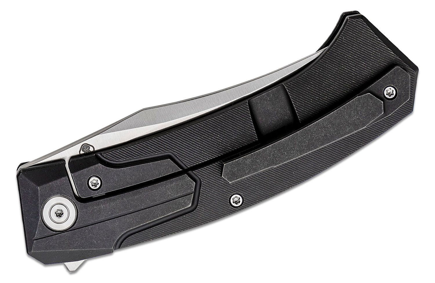We Knife Rafal Brzeski Shuddan Flipper Knife 3.48" CPM - 20CV Satin Trailing Point Bowie Blade, Black Titanium Handles, Frame Lock - WE21015 - 1 - timberknives.com