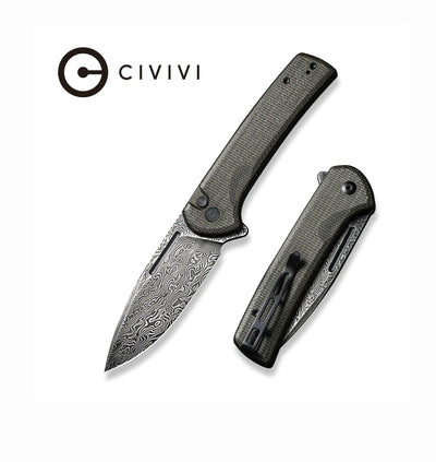 CIVIVI Conspirator Flipper And Button Lock Knife Micarta Handle (3.48" Damascus Blade)