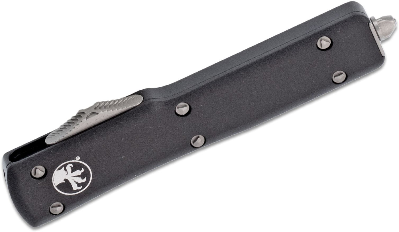 Microtech 148-10 UTX-70 AUTO OTF Knife 2.41" Stonewashed Drop Point Plain Blade, Black Aluminum Handles