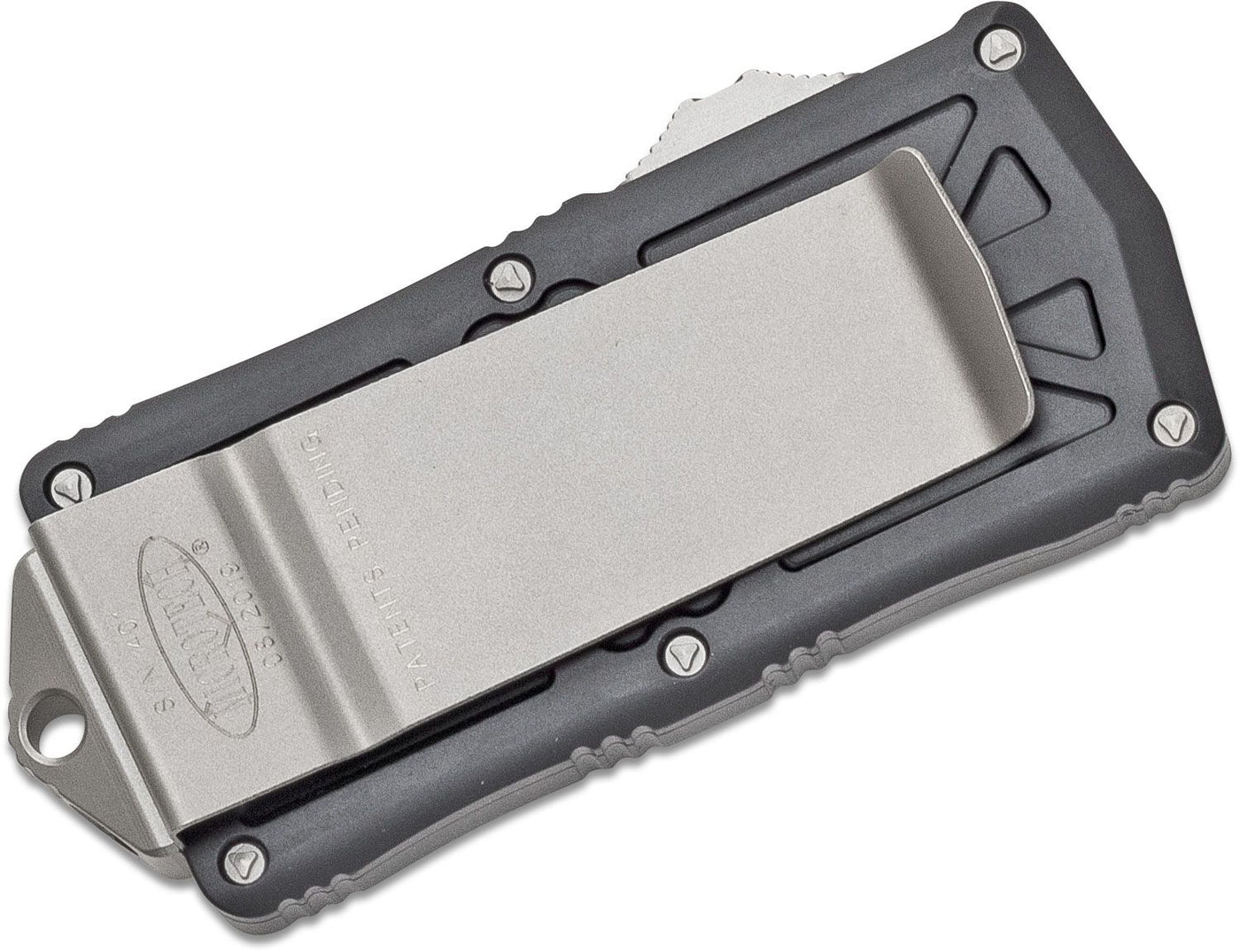 Microtech 157-10 Exocet OTF Money Clip AUTO Knife 1.98" Stonewashed Double Edge Blade, Black Aluminum Handles
