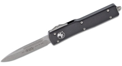 Microtech 148-10 UTX-70 AUTO OTF Knife 2.41" Stonewashed Drop Point Plain Blade, Black Aluminum Handles