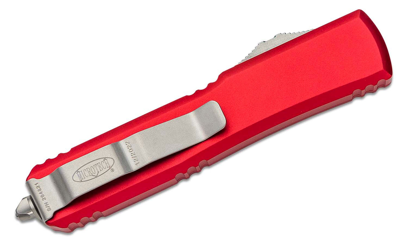 Microtech 123-10RD Ultratech AUTO OTF Knife 3.46" Stonewashed Tanto Plain Blade, Red Aluminum Handles