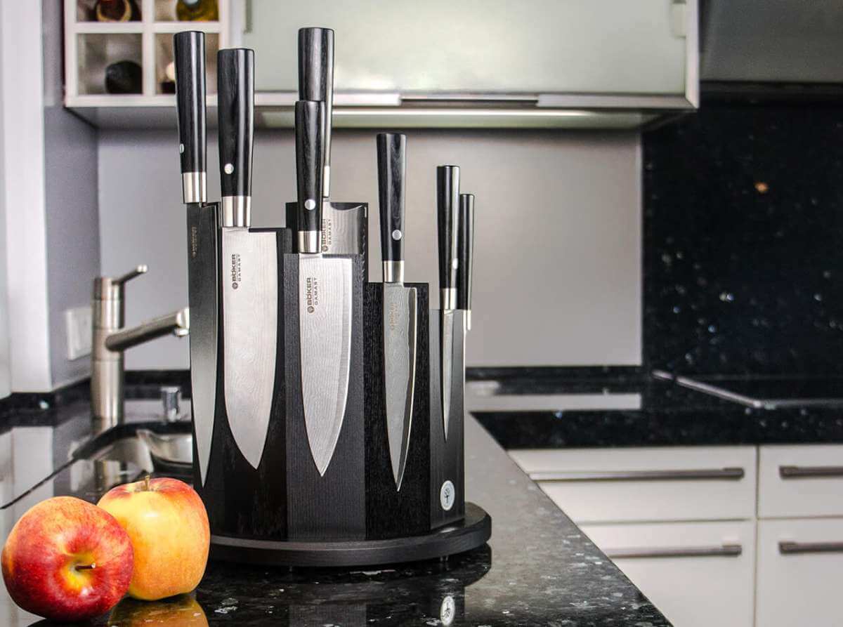 Boker Damascus Black Circle Kitchen Knife Set - Item 130425SET - timberknives.com