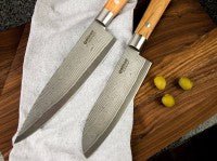 Boker Damascus Olive 8 - Piece Kitchen Knife Set Olive Wood w/Magnetic Block - 130445SET - timberknives.com