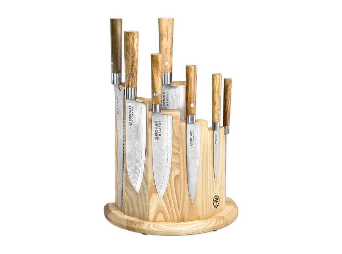 Boker Damascus Olive 8 - Piece Kitchen Knife Set Olive Wood w/Magnetic Block - 130445SET - timberknives.com